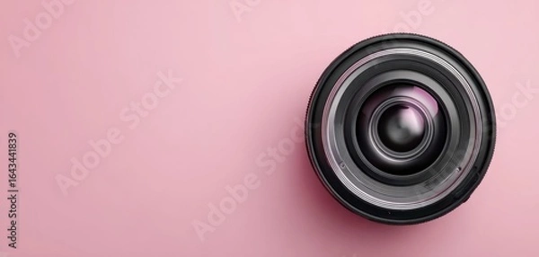 Fototapeta The camera lens on a soft pink background for creative photography inspiration.