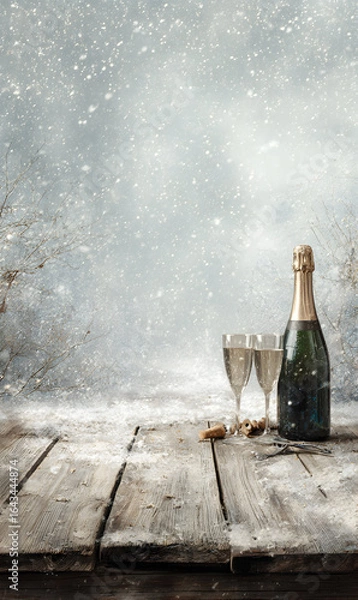 Fototapeta Festive winter celebration with sparkling champagne glasses on weathered wooden surface evoking joy in snowy atmospheric scene for holidays toast capturing the spirit of winter