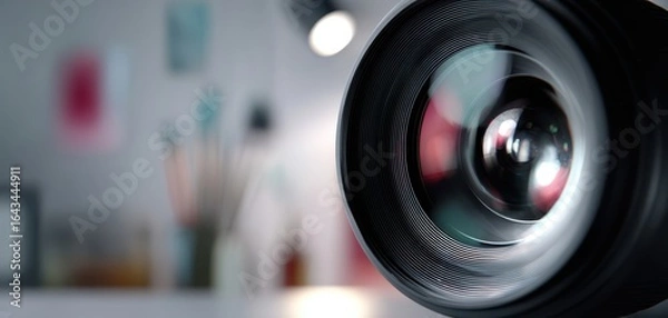 Fototapeta The camera lens showcasing intricate details in a creative workspace setting.