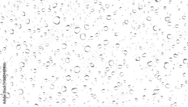 Fototapeta transparent water drops on a clear surface, condensation effect with light reflections and refractions, floating droplets in various sizes, isolated PNG on white background, high detail and sharp clar