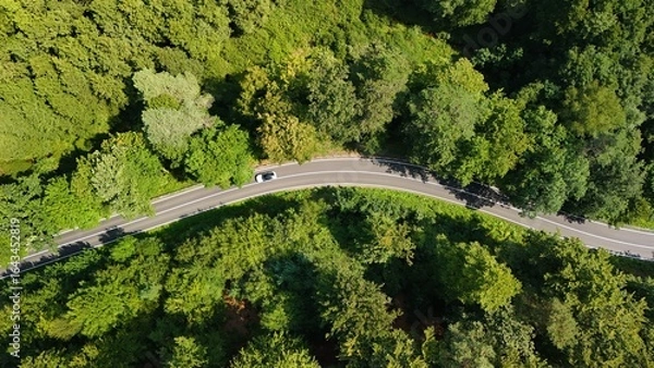 Fototapeta A country road winds through forests and meadows photographed with a drone