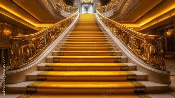 Fototapeta Grand, opulent staircase with gold railings and yellow carpet runner.