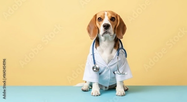 Fototapeta Cute dog wearing a doctor's outfit with a stethoscope, sitting on a pastel table. whimsical, with copy space and soft studio lighting