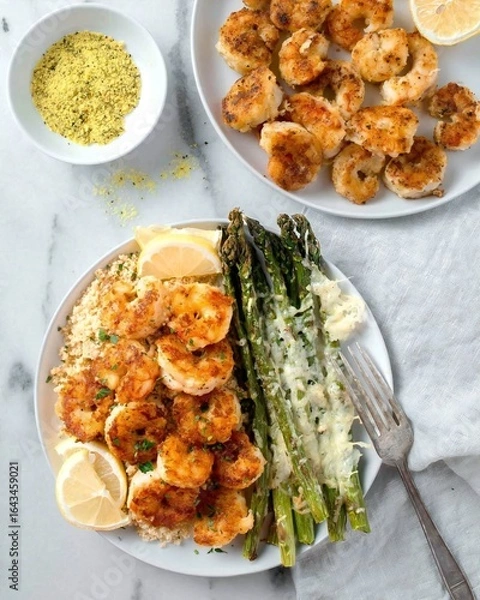 Fototapeta Crispy Shrimp with Asparagus and Couscous: A Delicious and Healthy Meal