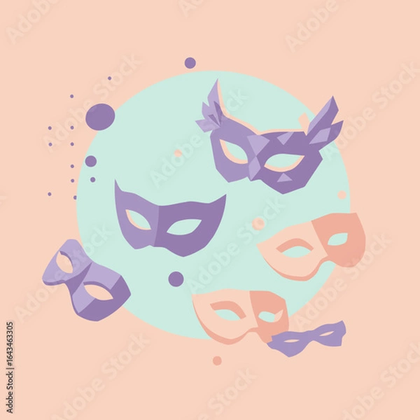 Obraz Pastel-colored masquerade masks with geometric designs in a light mint green and peach background. Floating masks in different shades of purple and peach against a light pastel background.