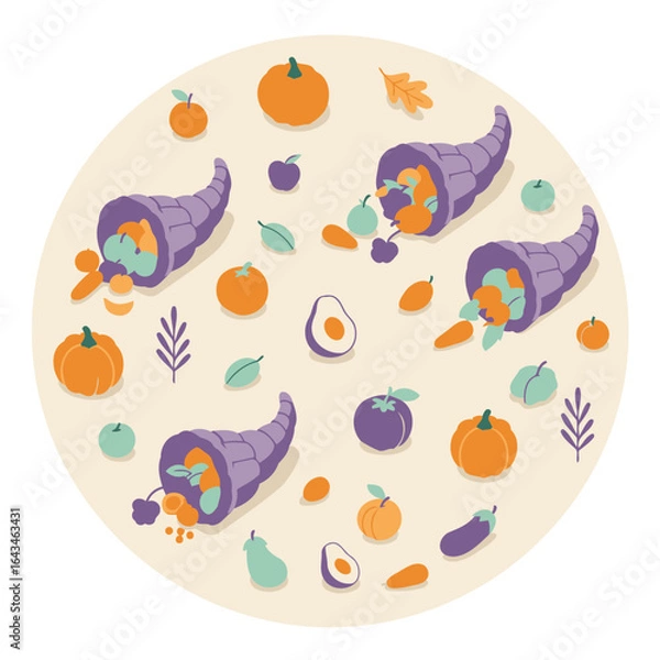 Fototapeta Thanksgiving cornucopia filled with assorted fruits and vegetables displayed in a circular pattern on a light beige background. Colorful autumnal harvest elements arranged artistically.
