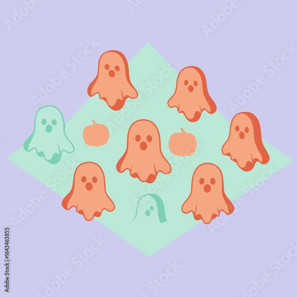 Fototapeta Cute ghost and pumpkin pattern design for Halloween. Isometric style ghosts and pumpkins on a pastel purple background.