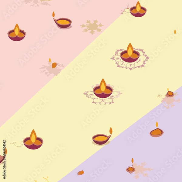 Fototapeta Diwali diyas, or oil lamps, displayed on a multicolored background with decorative patterns.