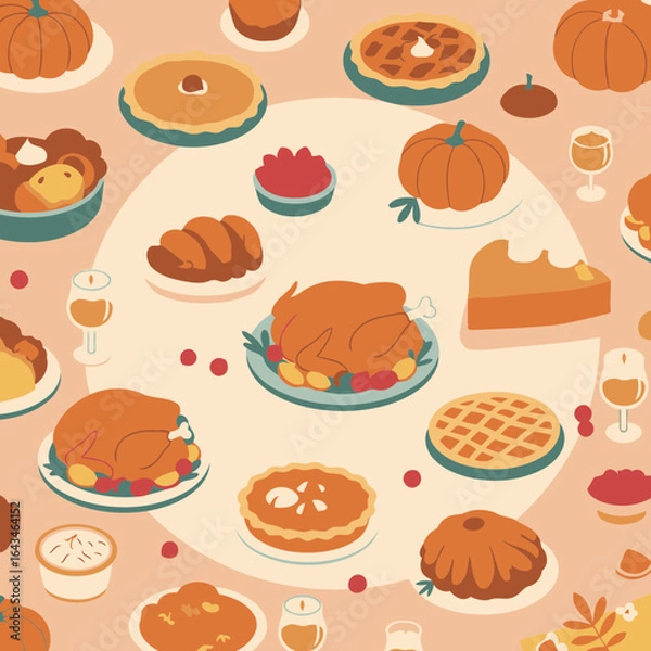 Fototapeta Thanksgiving feast displayed on a table with various dishes. Colorful autumnal foods are arranged artistically around a circular table setting, with a warm and inviting atmosphere.