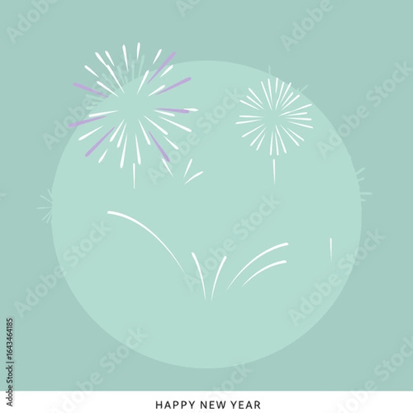 Fototapeta Pastel fireworks celebration graphic design for Happy New Year. Simple, stylized fireworks in various pastel colors against a soft mint green background with a circular light effect.