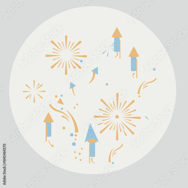 Fototapeta Abstract fireworks and rockets design on a light beige background. Geometric fireworks and rocket displays in a circular pattern.