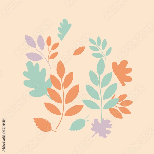 Fototapeta Abstract design of various colored leaves in a geometric composition. Flat lay arrangement of stylized foliage on a light beige background.