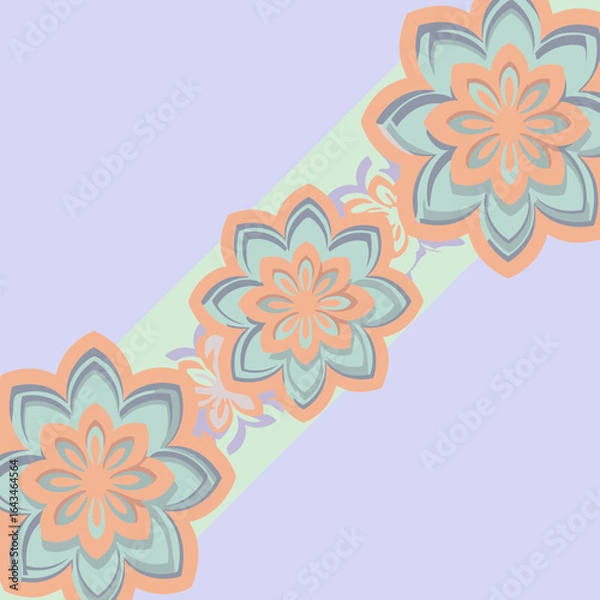Fototapeta Abstract paper flowers in muted peach and mint green colors on a pastel purple and mint green background. Decorative, layered floral pattern with a diagonal stripe.