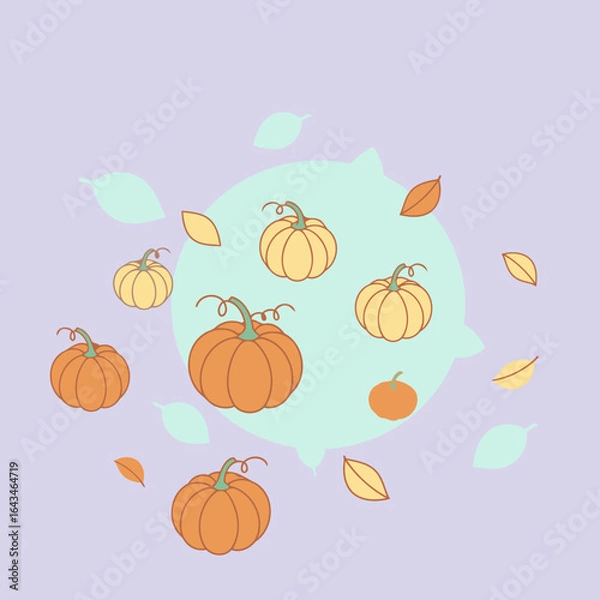 Fototapeta Pumpkin and leaf design with autumnal colors in a graphic illustration. Floating pumpkins and leaves in a light teal circle on a lavender background.