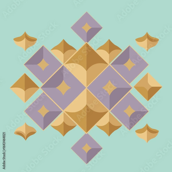 Fototapeta Geometric tile pattern in muted gold and lavender tones on a mint green background. Abstract design with layered diamond shapes forming a repeating motif.