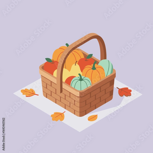 Fototapeta Autumnal basket filled with colorful seasonal fruits and vegetables. Full basket positioned on a surface with autumn leaves.