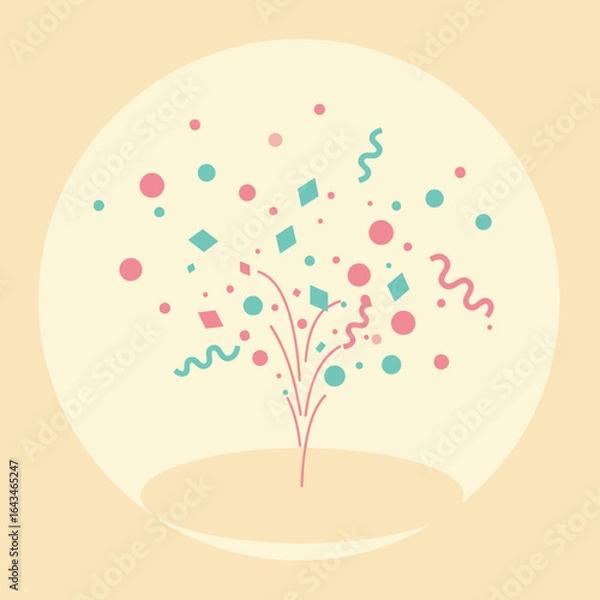 Fototapeta Colorful celebratory firework display graphic design with pastel colors. Abstract firework explosion with various confetti shapes and ribbons on a pale beige background.