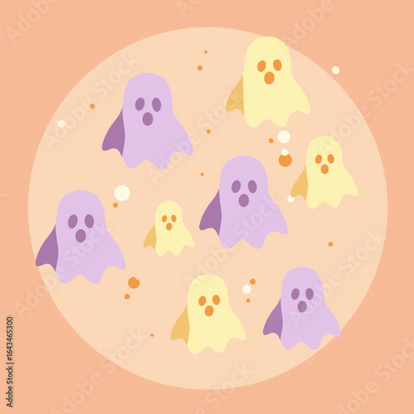Fototapeta Pastel ghosts in various shades of purple and yellow on a soft peach background. Cute spooky figures floating amidst small colorful dots, creating a whimsical Halloween-themed design.