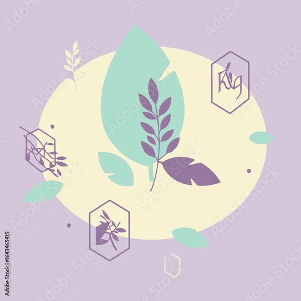 Obraz Abstract botanical design featuring pastel leaves and branches in a minimalist style. Modern aesthetic with a soft color palette on a light purple background.