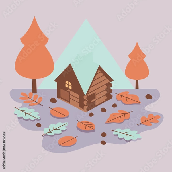 Fototapeta Autumnal log cabin nestled in a serene mountain landscape. Peaceful scene with fallen leaves and a small log cabin in a tranquil setting.