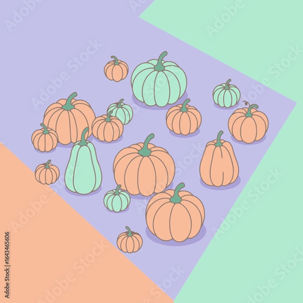 Fototapeta Aesthetic pumpkin illustrations in pastel colors on a geometric background. Various sizes and shades of pumpkins in a stylized, flat lay arrangement.