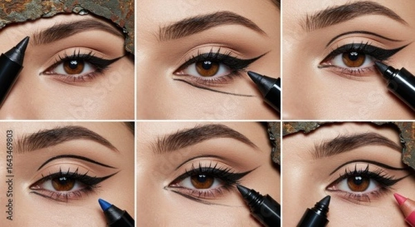 Fototapeta Creative eye makeup application steps with various liner styles.