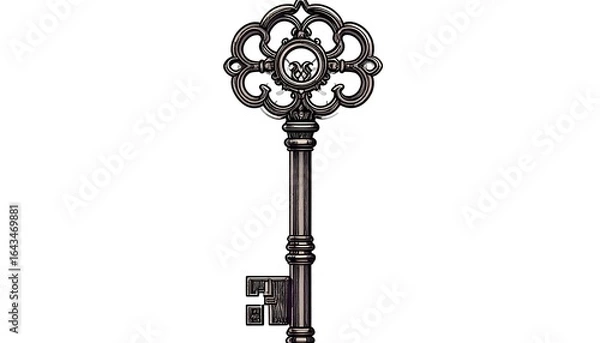 Fototapeta Ornate vintage key illustration, classic design with detailed floral embellishments on a white