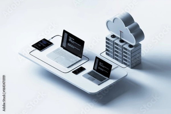 Obraz Photo of cloud computing and data storage concept with devices isolated on white background
