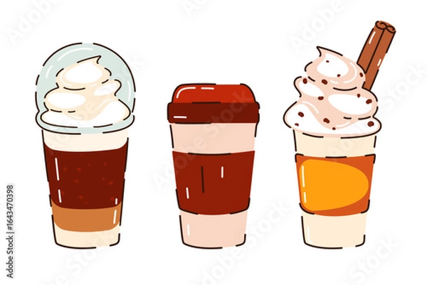 Fototapeta Set of autumn, winter drinks. Pumpkin latte with spices, coffee, cocoa with cream in paper cups. Vector illustration.