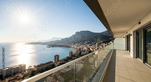 Fototapeta Panoramic city view from a luxury balcony, overlooking the sea and the french riviera