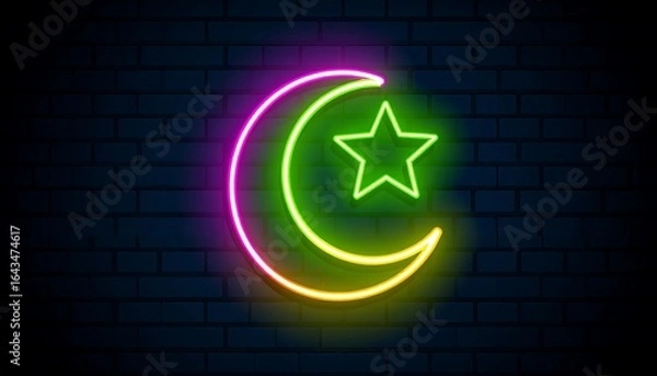 Obraz Neon crescent moon and star on dark brick wall