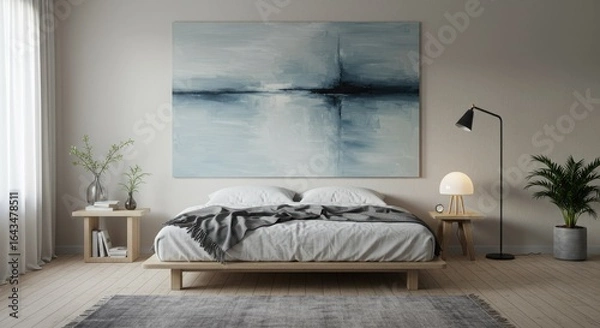 Fototapeta Modern bedroom with a minimalist design and abstract artwork.