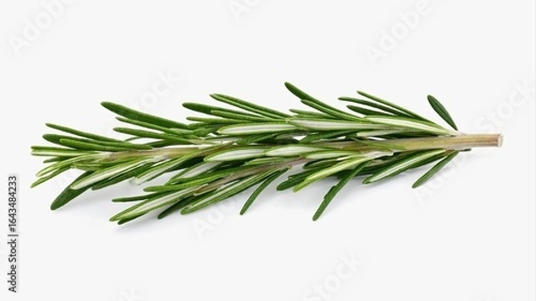 Fototapeta A fresh rosemary shoot with a brown stem and thick green leaves is located on a white background. The leaves have a silvery-green tint from below.