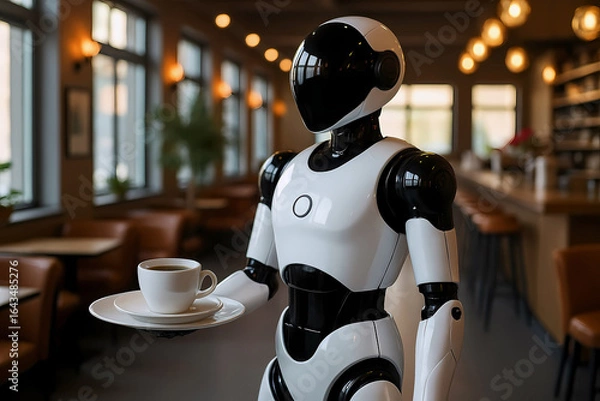 Fototapeta Futuristic, smart humanoid robot, cyborg serves a cup of coffee on a tray in a modern coffee shop cafe setting, showcases the innovation of automated dining systems.