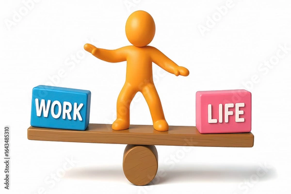 Fototapeta Work life balance concept, happy life, happy work. words work and life on wooden seesaw balancing on white background. 3d illustration.