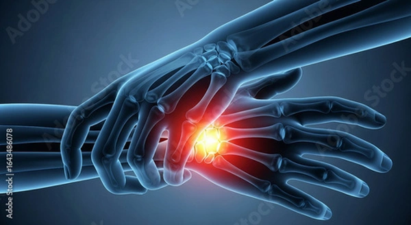 Fototapeta Human hands skeleton with red pain point indicating joint inflammation and potential injury location