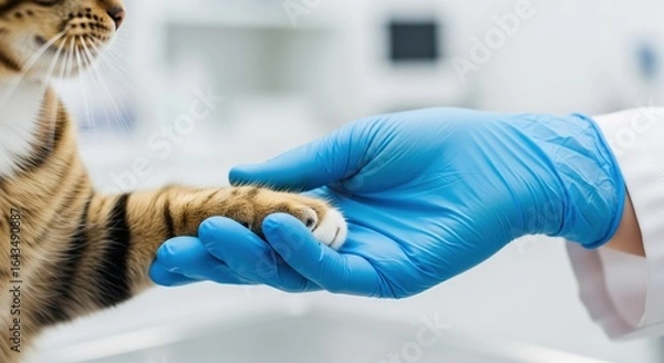 Fototapeta A vet wearing gloves gently holding a cat’s paw during an exam. Symbol of trust, veterinary care, and emotional connection between human and pet