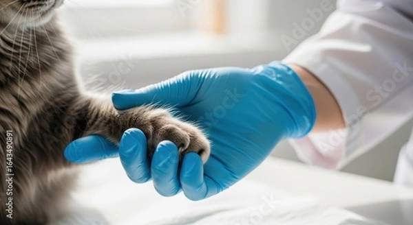 Fototapeta A vet wearing gloves gently holding a cat’s paw during an exam. Symbol of trust, veterinary care, and emotional connection between human and pet