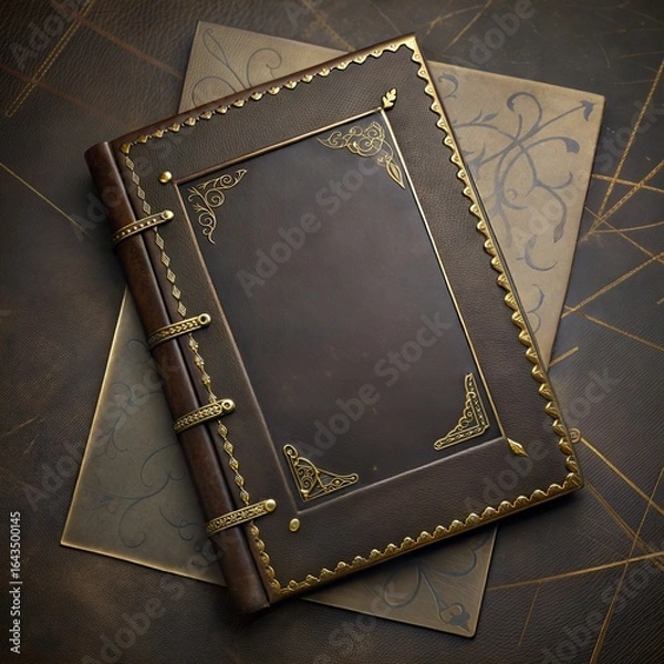 Fototapeta Vintage Leather Bound Journal Book with Ornate Gold Corners and Dark Cover for Scrapbooking, Writing, and Memory Keeping
