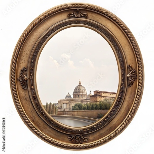 Fototapeta Oval Baroque Gold Frame with Vatican Dome View – Historical Art Style
