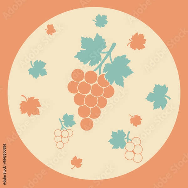 Fototapeta Vintage grape and leaf design on a cream background with peach accents. Decorative fruit and foliage pattern for a timeless aesthetic. Food graphic design for a home decor item -