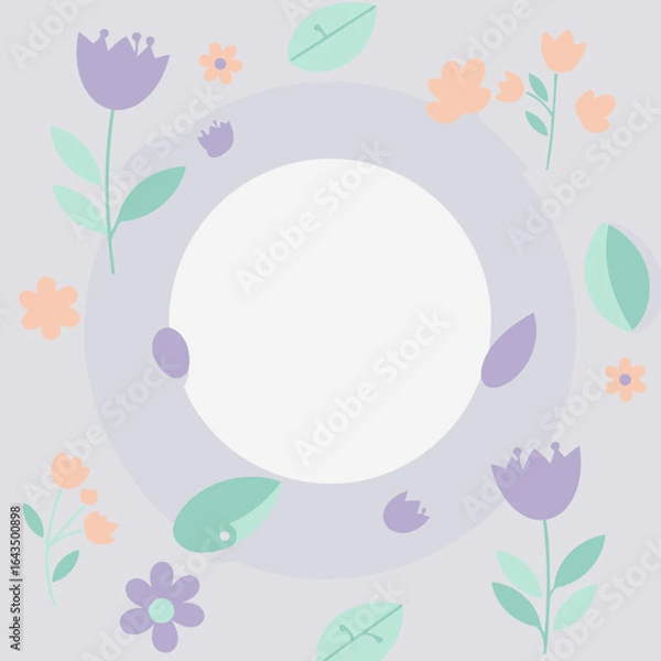 Fototapeta Pastel floral design with blank center for text/graphic addition. A circle of various muted purple, peach, and mint-green flowers and leaves arranged around a central white space.