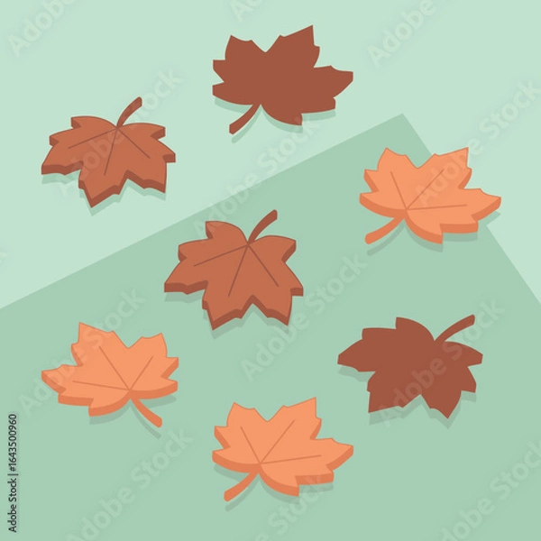 Fototapeta Autumnal maple leaves in various shades of orange and brown arranged on a mint green background. Isometric design with a flat style.