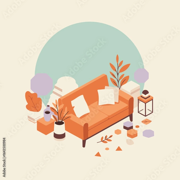 Fototapeta Cozy orange couch in a stylish living room setting with fall decorations. Isometric view of a comfortable couch with white pillows and autumnal accents, showcasing a modern interior design concept.
