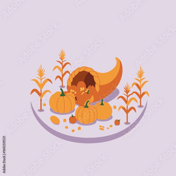 Fototapeta Thanksgiving cornucopia filled with pumpkins and corn on a pastel background. Abundant harvest display with fall crops.