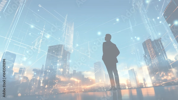 Fototapeta 未来都市の夜景を眺めるビジネスマンのシルエットとデジタルデータのオーバーレイ