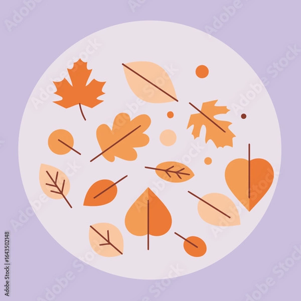 Fototapeta Autumnal leaves circle design on a light purple background. Abstract illustration of various leaf shapes in warm autumnal colors.