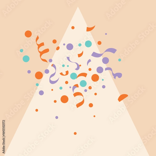 Fototapeta Abstract confetti design with pastel colors in a celebratory style. Flying confetti with light orange, lavender, and teal ribbons and circles on a cream colored background.