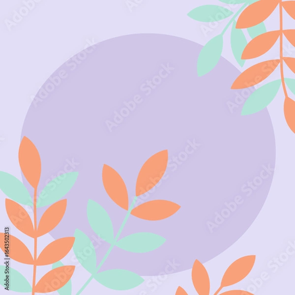 Fototapeta Abstract floral design with pastel colors. Simple, stylized leaves arranged around a large, muted purple circle.