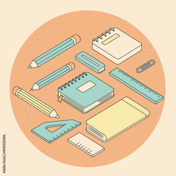 Fototapeta Pastel school supplies arranged in an isometric style on an orange background. Collection of pencils, notebooks, a ruler, erasers, and other stationery items.